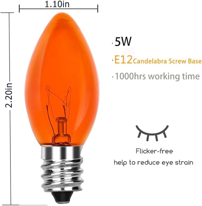 SUNSGNE 25 Pack C7 Orange Light Bulbs Halloween Christmas Replacement Bulbs, C7 Clear Orange Incandescent Light Bulbs for Outdoor Patio Xmas String Lights, E12/C7 Candelabra Base, 5 Watts