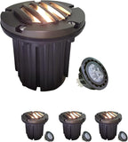 MALORY Brass Top Cover Landscape Well Lights, (5''H) 12V Low Voltage Outdoor In Ground Lights,Landscape Lighting for Pathway, Driveway and Garden 4 Pack with MR16 Bulb (Grated Top, 4-Pack with Bulb)