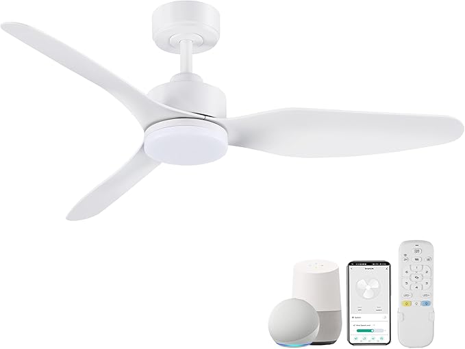 48 Inch Smart Ceiling Fans with Lights Remote Control,Dimmable LED Light,Outdoor Indoor Modern Ceiling Fan,Quiet DC Motor,WIFI Alexa App Workable,Matte White for Bedroom Living Room Patio