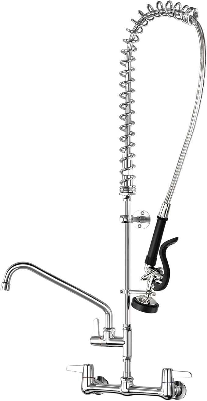 Commercial Faucet with Sprayer,BESTJEEF Commercial Wall Mount Kitchen Sink Faucet with Pre Rinse Sprayer for Kitchen Cook - 47" Height Faucet with 8" Center and 12" Add-On Spout