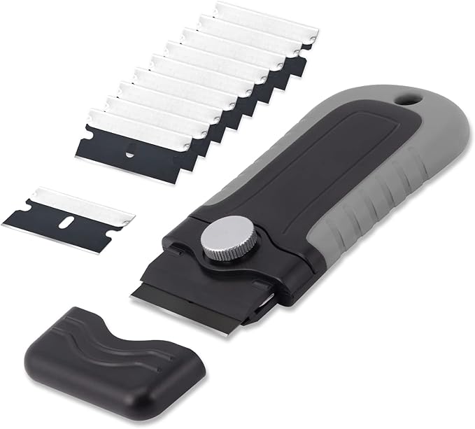 Gomake Locking Razor Blade Scraper with Safety Cap, Glass Cooktop Scraper with 10PCS Black Carbon Steel Blades for Glass Clean, Paint and Old Label,Decal Sticker Remover, Stove Top Scraper Tool