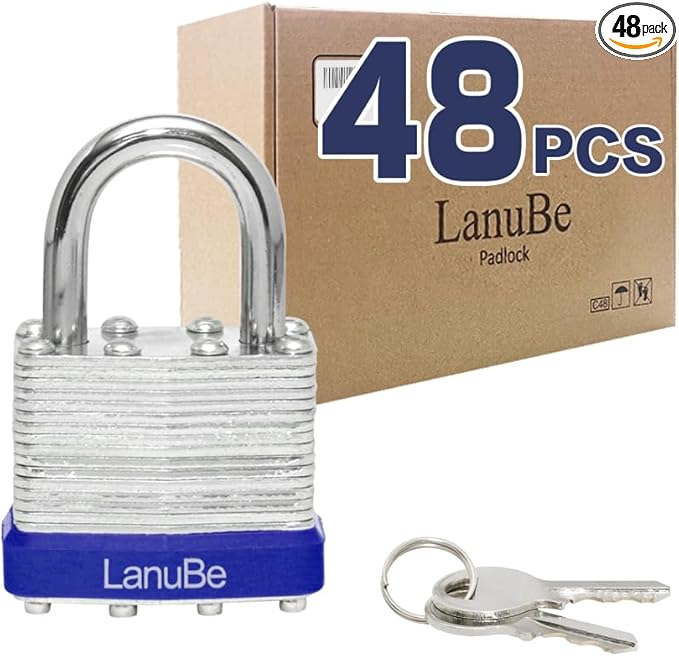 LanuBe Lock Laminated keyed Padlock (1-9/16", 40mm), keyed Alike Locks, Normal Shackle, Marked Blue Plastic Hoop, Pack of 48…