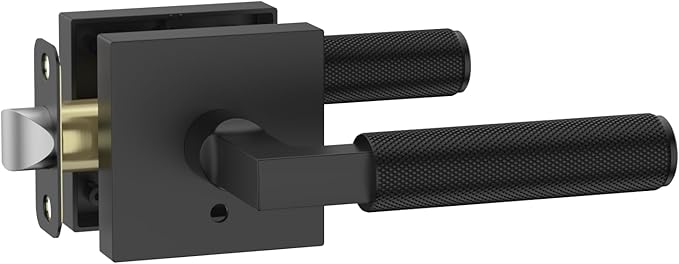 Amerdeco 1 Pack Privacy Door Handles,Matte Black Door Handles Interior,Knurled Black Door Lever, Heavy Duty Bedroom and Bathroom with Lock,Reversible Keyless for Right & Left Side AM0021