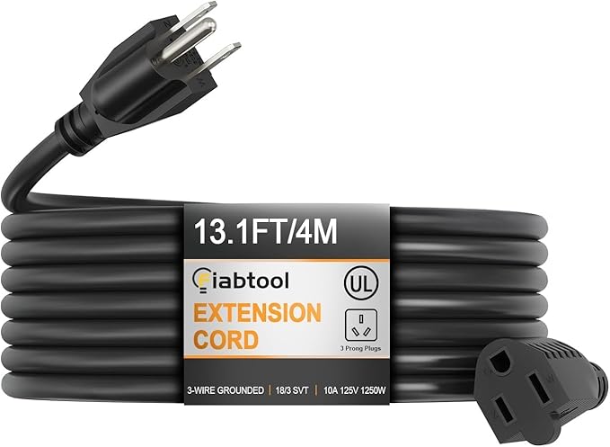 Black Heavy-Duty 13.1ft Indoor/Outdoor Extension Cord, 3 Prong 1250W 10A, Weather-Resistant Waterproof Power Cable with 3-Prong Grounded Plug, 18/3 SVT Wire, UL Listed