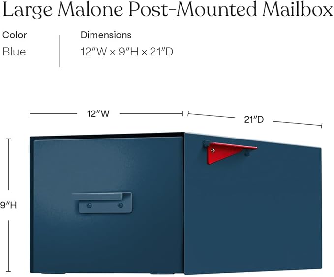 post & porch Malone Mailbox | Post Mounted Mailbox | Black/White/Gray/Brown/Red/Blue/Green, Regular or Large, Weatherproof Mail Box for Outside, Customizable (Blue, Large)