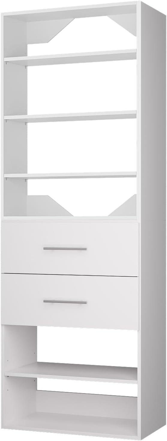 ROOMTEC Modular Closet System, 25.5" 2 Drawer Shelf Closet Tower Wall-Mounted Closet Organizer, Wooden Tower for Walk-In Closets, Wardrobe Storage Kit, White