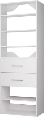 ROOMTEC Modular Closet System, 31.5" 2 Drawer Shelf Closet Tower Wall-Mounted Closet Organizer, Wooden Tower for Walk-In Closets, Wardrobe Storage Kit, White