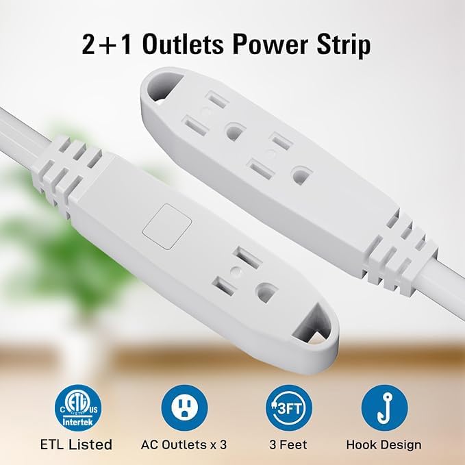 K KASONIC - 12-Feet 3 Outlet Extension Cord, UL Listed, 16/3 SJTW 3-Wire Grounded, 13 Amp 125 V 1625 Watts, Multi-Outlet Indoor/Outdoor Use, White