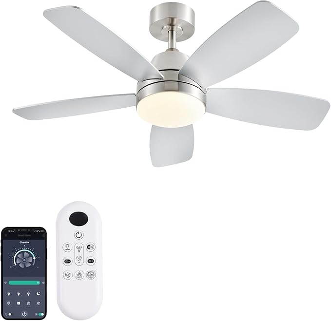 42 Inch Low Profile Ceiling Fan with Light and Remote, Modern Nickel LED Ceiling Fan,Dimmable Reversible DC Motor,8 Speed,Quiet Indoor Outdoor Fan for Bedroom