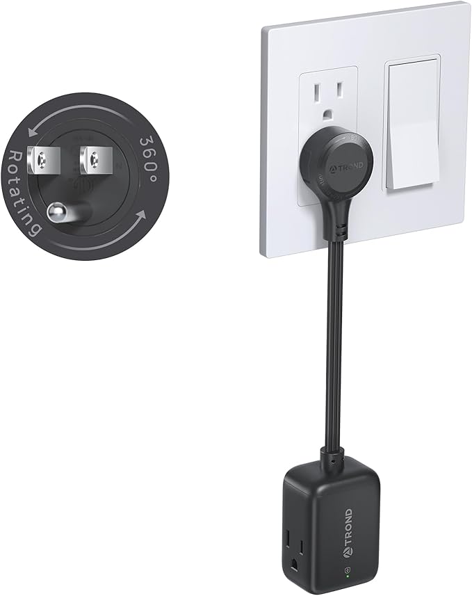 TROND 360° Rotating Flat Plug Outlet Extender with 6 Inch Extension Cord, Small Surge Protector Outlet, 900 Joules, No Blocking 3 Way Plug for Indoor Home Office Travel Dorm Room Tight Spaces, Black
