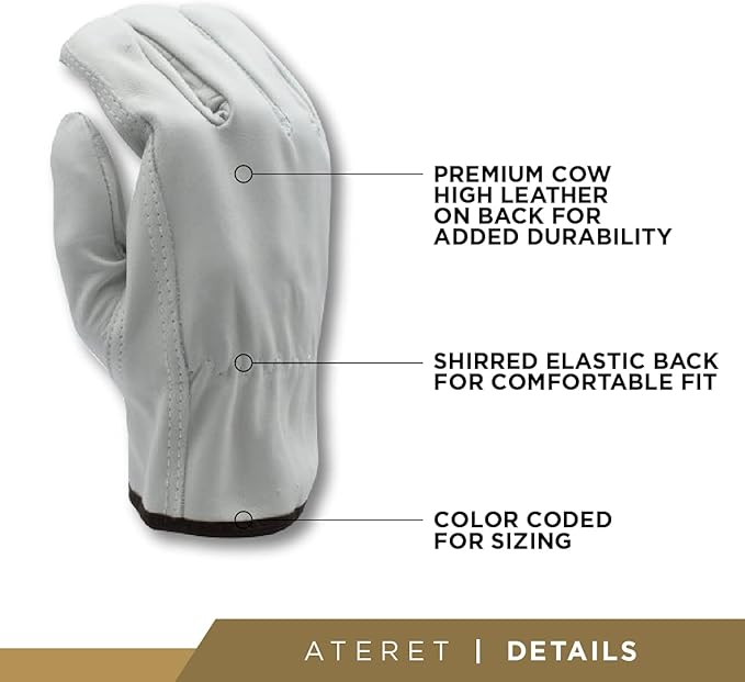 ATERET 12 Pairs Medium Heavy Duty Durable Cowhide Leather Work Gloves I Driver Gloves for Truck Driving, Warehouse, Gardening, Farming