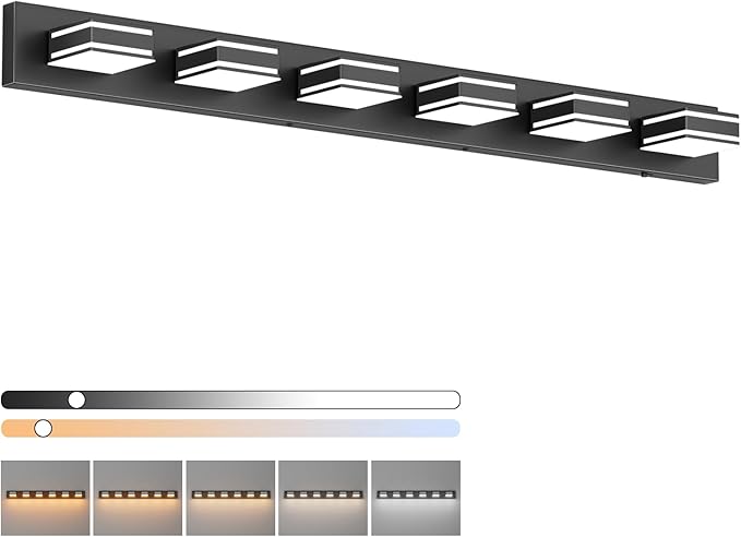 Ralbay 48inch Black Bathroom Vanity Light with 5 Color Temperatures (3000K-6000K) Dimmable Metal Acrylic Modern LED Matte Black Bathroom Lighting Over Mirror (6-Light)