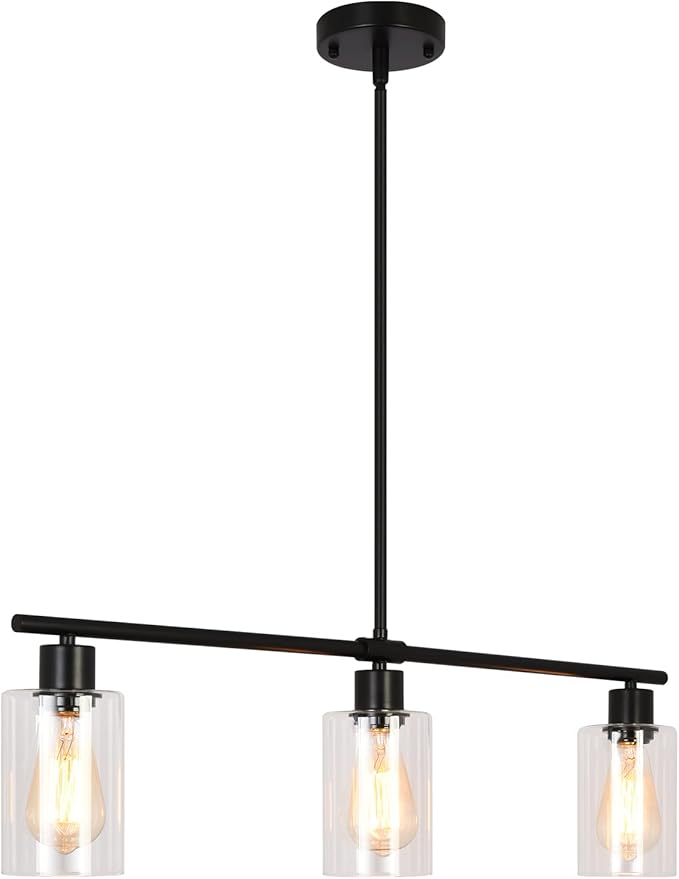 Black Kitchen Island Lighting 3-Light Modern Pendant Light Fixture with Glass Shades Rustic Farmhouse Chandelier Hanging Light Fixtures for Kitchen Island Living Dining Room Bedroom Foyer