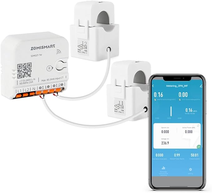 Smart Home Energy Monitor with 2 x 120A CTs, Real-Time Electricity Usage Monitor, Bi-Directional Power Tracking, Supports Single-Phase 3-Wire System, 2.4GHz Wi-Fi (WiFi Version)