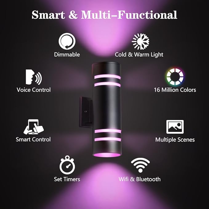 KIZON Smart Porch Lights 2 Pack, Modern Dusk to Dawn Outdoor Wall Lights Color Changing, Dimmable RGB Exterior Sconce Up and Down Light, Outside Lights for House Garage, Works with Alexa, ETL Listed
