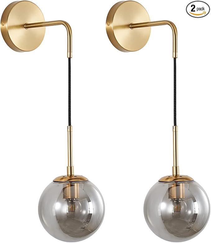 KCO Lighting Modern Glass Globe Wall Sconce Minimalist Gold Wall Mounted Sconce Light with Smoke Grey Lampshade Round Wall Lamp for Bathroom Mirror Bedroom (Smoke Grey-2PC)
