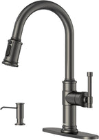 Black Stainless Kitchen Sink Faucet with Pull Down Sprayer, DAYONE Single Handle 1 Hole High Arc Flow 360° Swivel Kitchen Faucets with Soap Dispenser, APS136BS