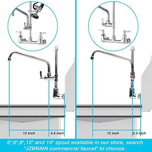 Commercial Kitchen Sink Faucet with Sprayer: 47 Inch Height 8" Center Commercial Wall Mount Faucet with Pull Down Pre Rinse Sprayer and 12" Swing Spout Kitchen Sink Faucet Fit for 2 3 Compartment Sink