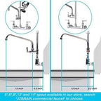 Commercial Kitchen Sink Faucet with Sprayer: 47 Inch Height 8" Center Commercial Wall Mount Faucet with Pull Down Pre Rinse Sprayer and 12" Swing Spout Kitchen Sink Faucet Fit for 2 3 Compartment Sink