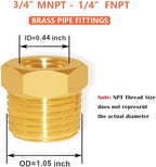 Hooshing 2PCS Brass Reducer Hex Bushing 3/4" NPT Male to 1/4" NPT Female Reducing Pipe Adapter Fittings