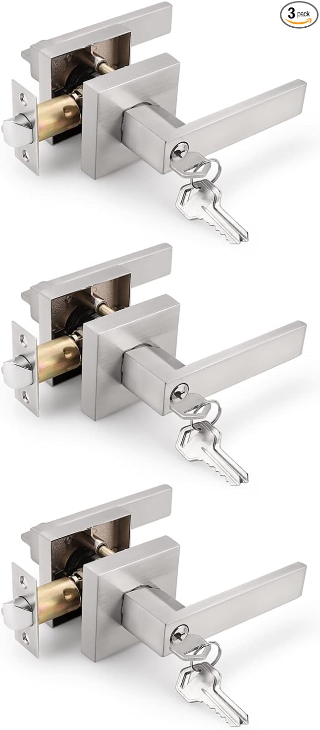 Gobrico 3 Pack Satin Nickel Combo Door Locksets Keyed Alike Entrance Door Levers Handles,Heavy Duty Zinc Alloy Made, for Right and Left Handed Doors