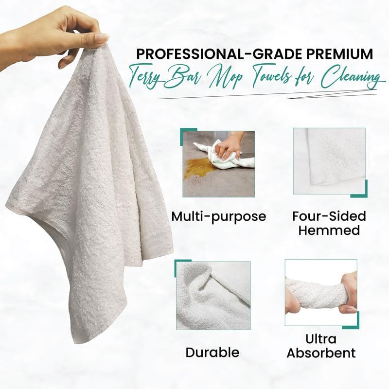 White Terry Bar Mop Towels 200 Pcs (Approx)- 100% Cotton Ultra-Absorbent Cleaning Rags, Perfect Washable Kitchen Rags for Bars, Restaurants & Home - Multipurpose (25 lbs. Compressed Box)