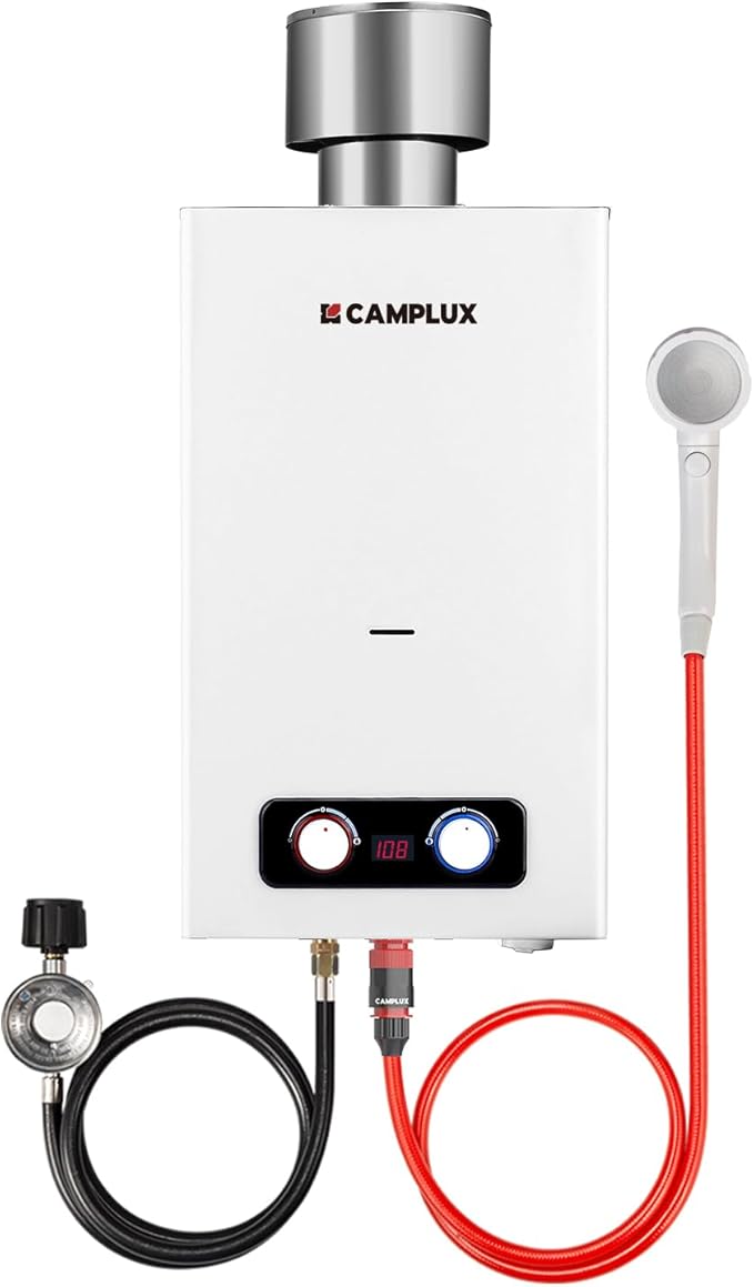 CAMPLUX 2.64 GPM Portable Tankless Water Heater, Outdoor Propane Water Heater with 4.33" S/S Rain Cap, for Camping, Cabin, Windproof Design, 68,000 BTU, BD264C