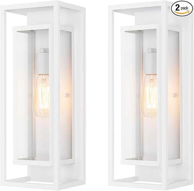 mirrea 18" Classic Outdoor Wall Sconce 1 Light in Rectangular Metal Frame and Clear Glass Shade Waterproof Porch Light Patio Light Pack of 2 (Matte White)