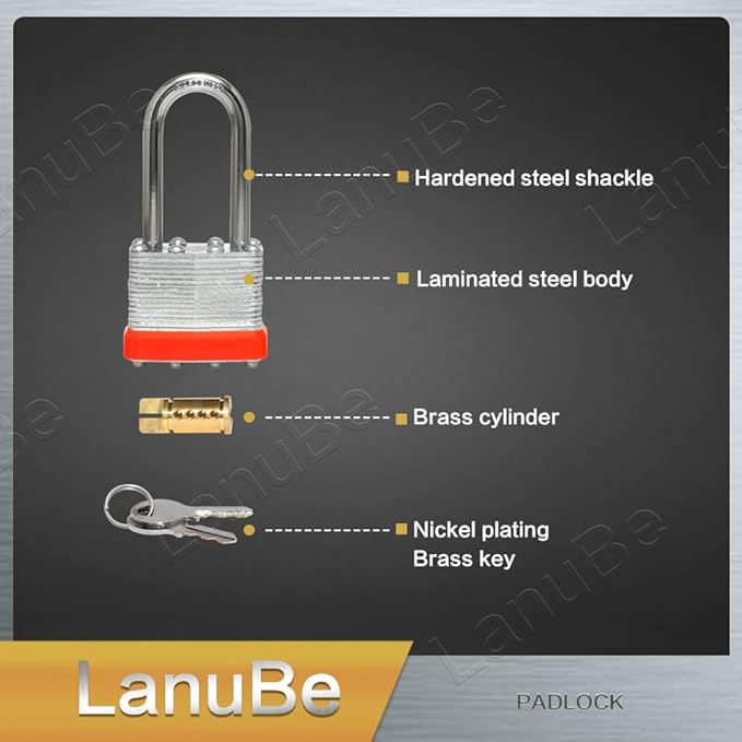 LanuBe Lock Laminated keyed Padlock (1-9/16", 40mm), keyed Alike Locks, Long Shackle,Marked Orange Plastic Hoop, Pack of 12