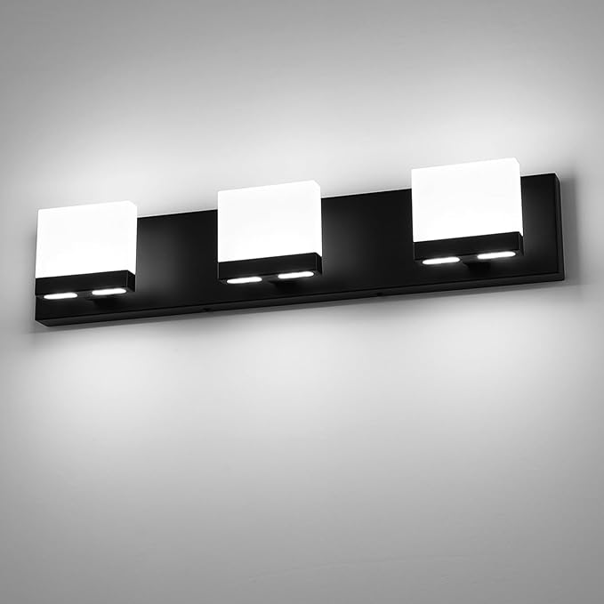 SineRise LED Modern Bathroom Vanity Light Fixtures (3-Light, 24-Inch,6000K), Matte Black Modern Acrylic Bathroom Wall Lighting Fixtures Over Mirror