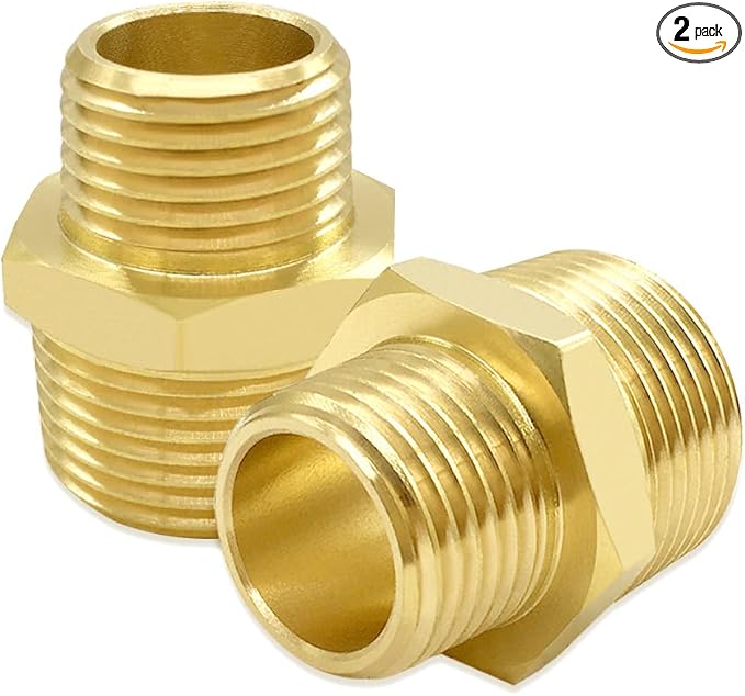 Hooshing 3/4" NPT Male to 1/2" NPT Male Reducer Hex Nipple Brass Pipe Fitting Adapter for Plumbing, 2 Pack