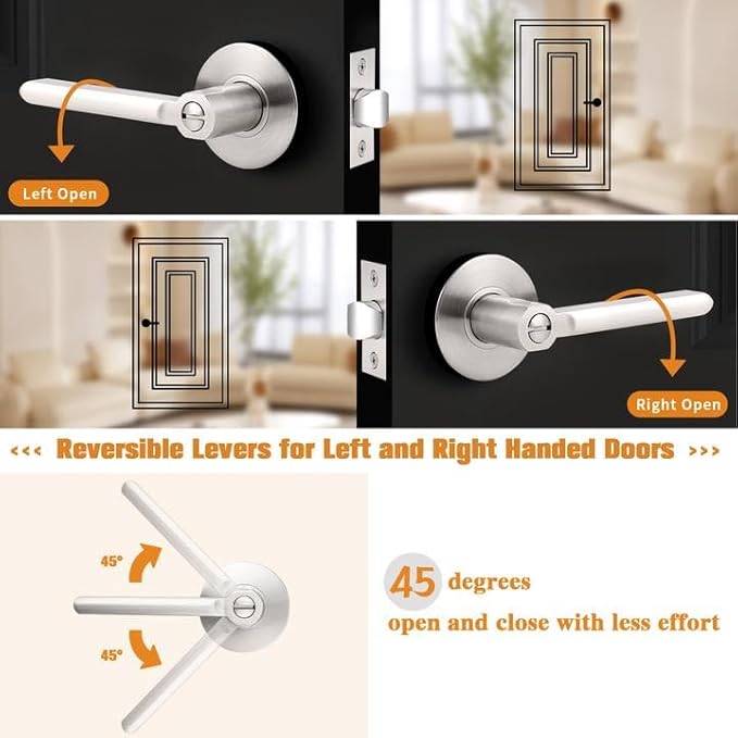 Probrico Interior Brushed Nickel Door Handle, Slim Handed Privacy Door Handles, Keyless Door Levers Lockset for Bedroom and Bathroom (8 Pack, Modern)