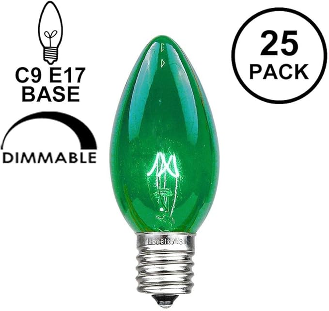 Novelty Lights Incandescent Christmas Replacement Bulbs - Indoor/Outdoor Individual Bulbs for Christmas Tree, Display, & More - C9/E17 Intermediate Base, 7 Watt Lights (Green, 25 Pack)