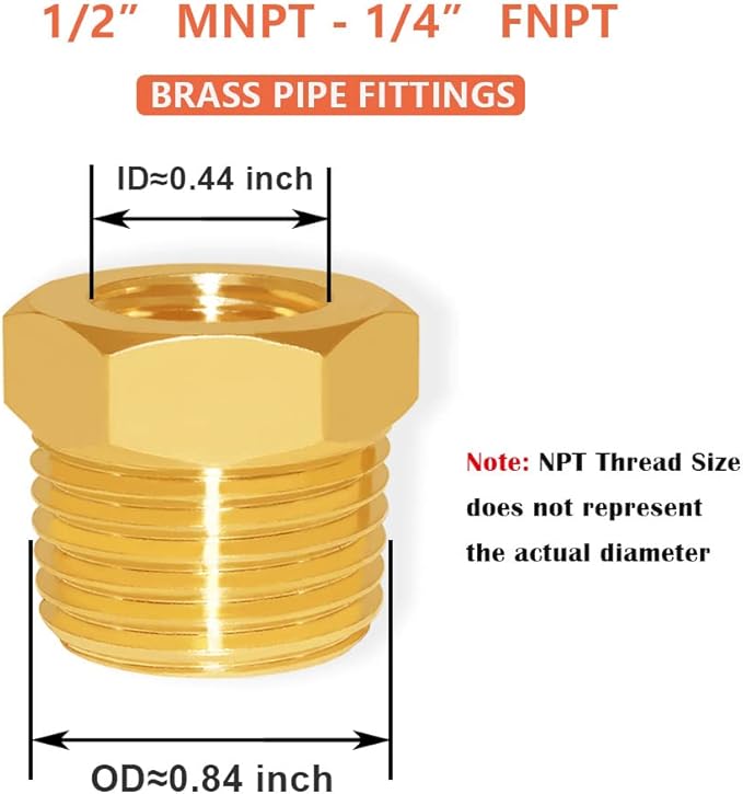Hooshing 6PCS 1/2" NPT Male x 1/4" NPT Female Brass Reducer Hex Bushing Pipe Fitting Hose Tube Adapter