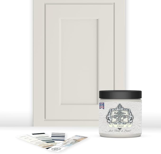 ALL-IN-ONE Paint, Durable cabinet and furniture paint. Built in primer and top coat, no sanding needed. Includes our 30 featured color card - Almond (off white with tan undertone), 8oz Sample
