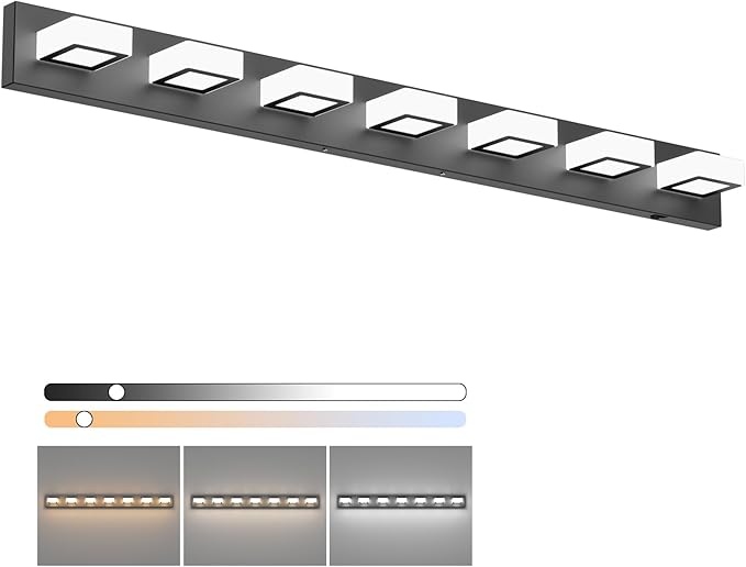 Ralbay 46inch Matte Black Vanity Lights 7 Lights Dimmable 5 Color Temperature Acrylic Modern LED Black Vanity Lighting for Bathroom