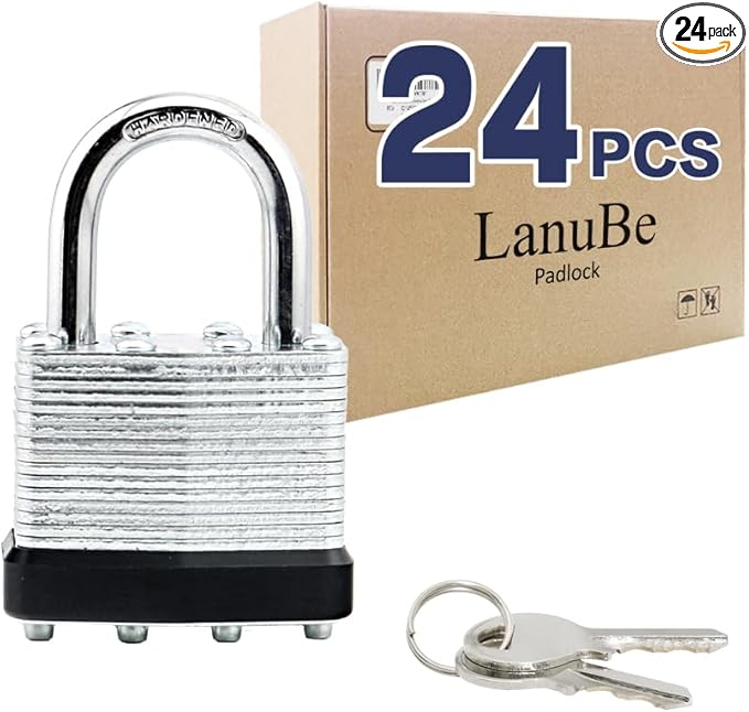 LanuBe Lock Laminated keyed Padlock (1-9/16", 40mm), keyed Alike Locks, Normal Shackle,Marked Black Plastic Hoop, Pack of 24