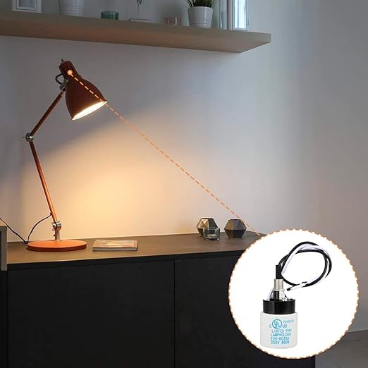 Helunsi E26 E27 Ceramic Lamp Socket with Rotary Knob Switch, Universal Replacement Porcelain ON OFF Turn Switch Light Bulb Socket, E26 Medium Base Lamp Holder with Threaded Nuts and Wire Lead - 2 Pack