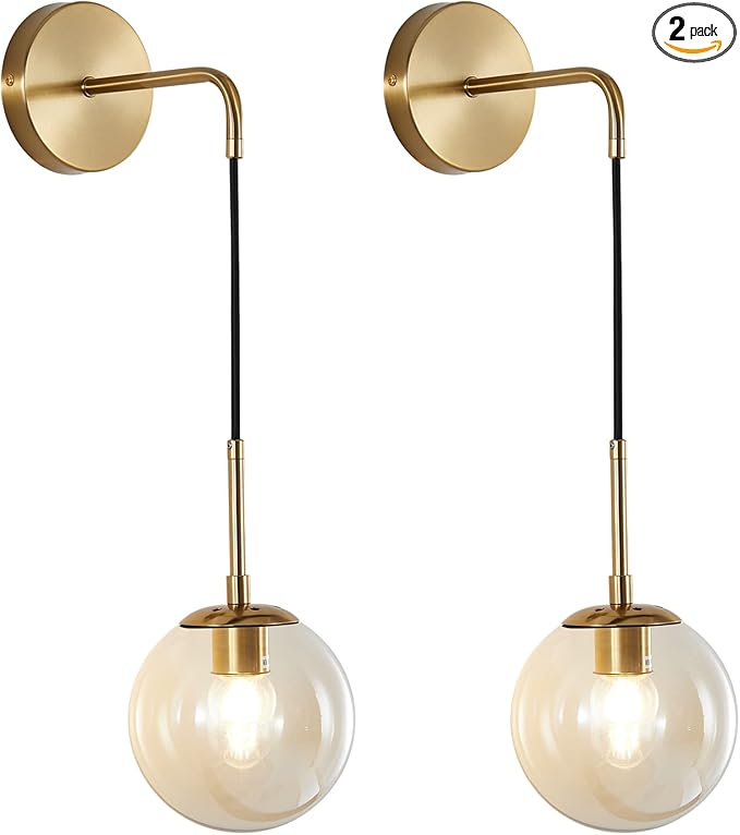KCO Lighting Modern Gold Globe Wall Sconce Mid Century Raw Brass Round Glass Wall Mounted Light Minimalist Vanity Adjustable Cord Wall Lamp for Bathroom Mirror Bedside Stairs (Amber)