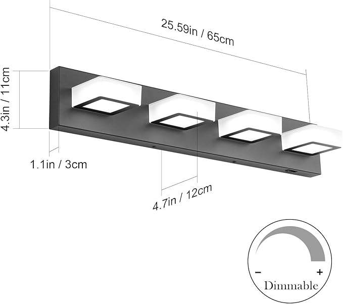Ralbay 5 Color Temperature 4 Lights Black Vanity Lights Dimmable Acrylic Modern LED Black Bathroom Vanity Lighting Fixtures