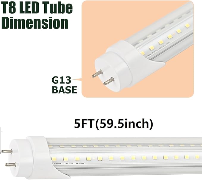 6 Pack 5FT T8 LED Tube Light 48W G13 Bi-Pin Cap 6000K Cool White with Dual Row LEDs T8 T10 T12 Fluorescent Light Bulbs Replacement 5 Foot Shop Lights