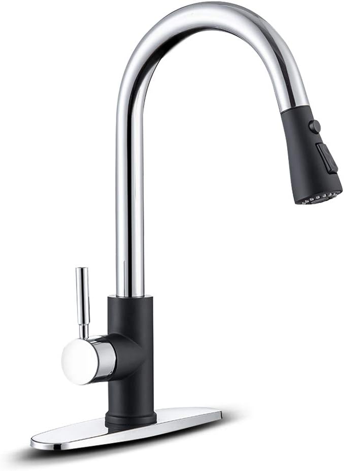 WEWE Kitchen Sink Faucet, Pull Down Kitchen Faucet, Black and Chrome Kitchen Faucet with Sprayer Stainless Steel Single Handle one or Three Hole for Laundry bar Kitchen Sinks
