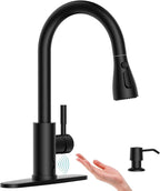 APPASO Touchless Kitchen Faucets Black, Kitchen Faucet with Pull-Down Sprayer, Touchless Sink Faucet with Soap Dispenser Matte Black, Stainless Single Handle High Arc with Motion Sensor