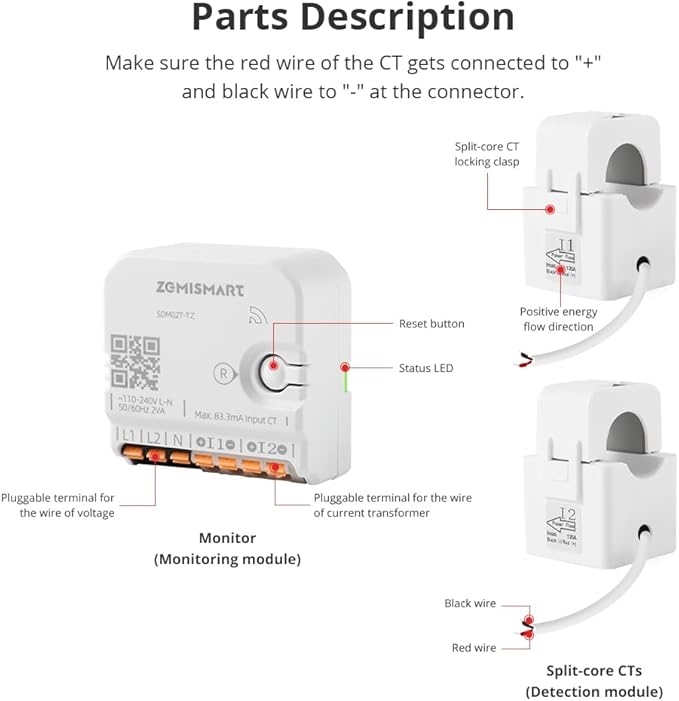 Smart Home Energy Monitor with 2 x 120A CTs, Real-Time Electricity Usage & Bi-Directional Monitoring, Supports Single-Phase 3-Wire System, Works with Home Assistant & Zigbee2MQTT (Zigbee Version)
