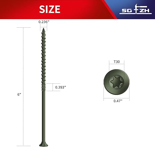 #14 x 6 Inch Deck Screws (23Pcs) 1lb. Carbon Steel, Green, Flat Head, Rust Resistant epoxy Coated, with T30 Star Bit