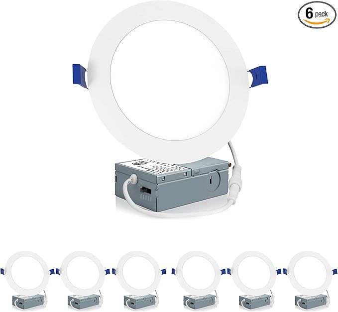 Meconard 6 Pack 6 Inch LED Recessed Ceiling Light, 2700K/3000K/3500K/4000K/5000K Selectable, Dimmable 12W=110W, 1050LM, IC Rated Can-Killer Downlights with Junction Box, ETL and Energy Star Listed