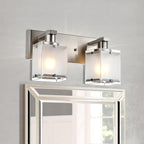 2-Lights Wall Sconce Lighting, Brushed Nickel Bathroom Vanity Light Fixture with Rectangular Frosted Glass for Over Mirror, E26 Bulb Base