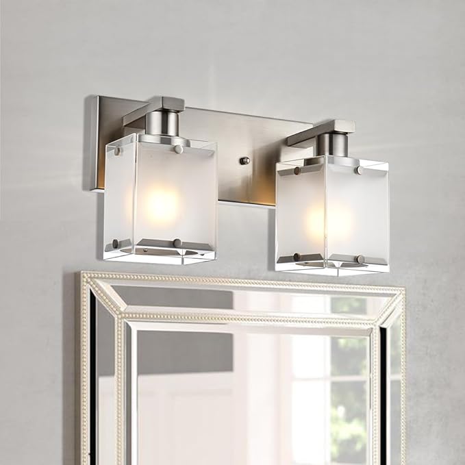 2-Lights Wall Sconce Lighting, Brushed Nickel Bathroom Vanity Light Fixture with Rectangular Frosted Glass for Over Mirror, E26 Bulb Base