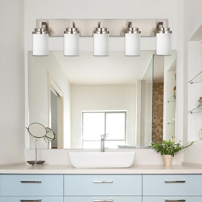 TODOLUZ Brushed Nickel Bathroom Light Fixtures, 5-Lights Modern Vanity Lighting Over Mirror, Farmhouse Wall Mount Lamp for Bedroom Kitchen