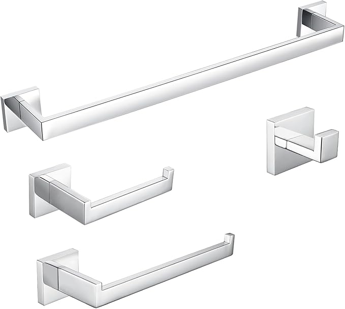 BAGNOLUX Bathroom Hardware Set 4 Pieces, Bath Towel Holder Set SUS304 Stainless Steel, Towel Bar Rack Set for Wall Mounted, Square Bathroom Accessories Set Fixture Heavy Duty Polished Chrome